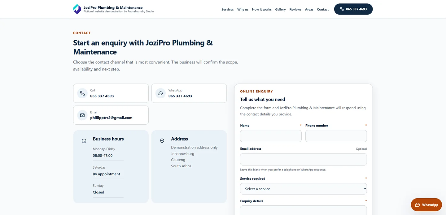 Contact page section of the fictional JoziPro Plumbing & Maintenance website, showing phone, WhatsApp, email and online enquiry options.