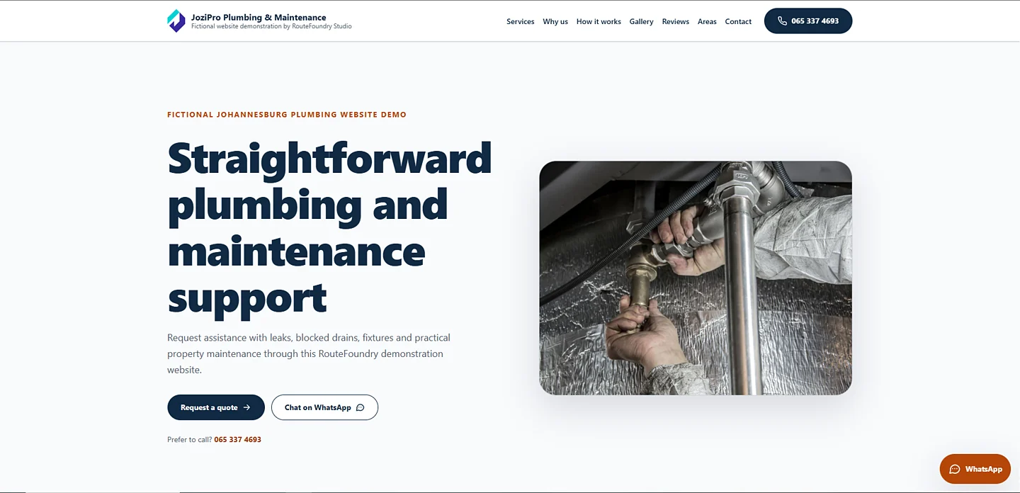 Homepage hero for the fictional JoziPro Plumbing & Maintenance website, showing the main service message, call-to-action buttons and hero image.