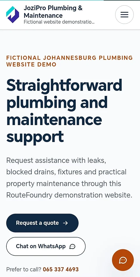 Mobile homepage view of the fictional JoziPro Plumbing & Maintenance website, showing the hero heading and primary contact actions.